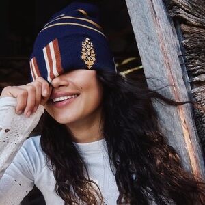 Free People Park City Prep Beanie Knit Navy Blue Stripe NWT Buti Logo Academia
